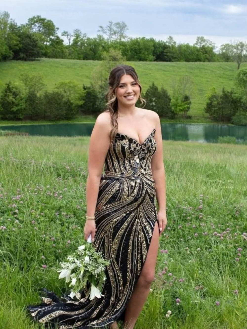 Strapless Black & Gold Sequin Prom Dress with High Slit